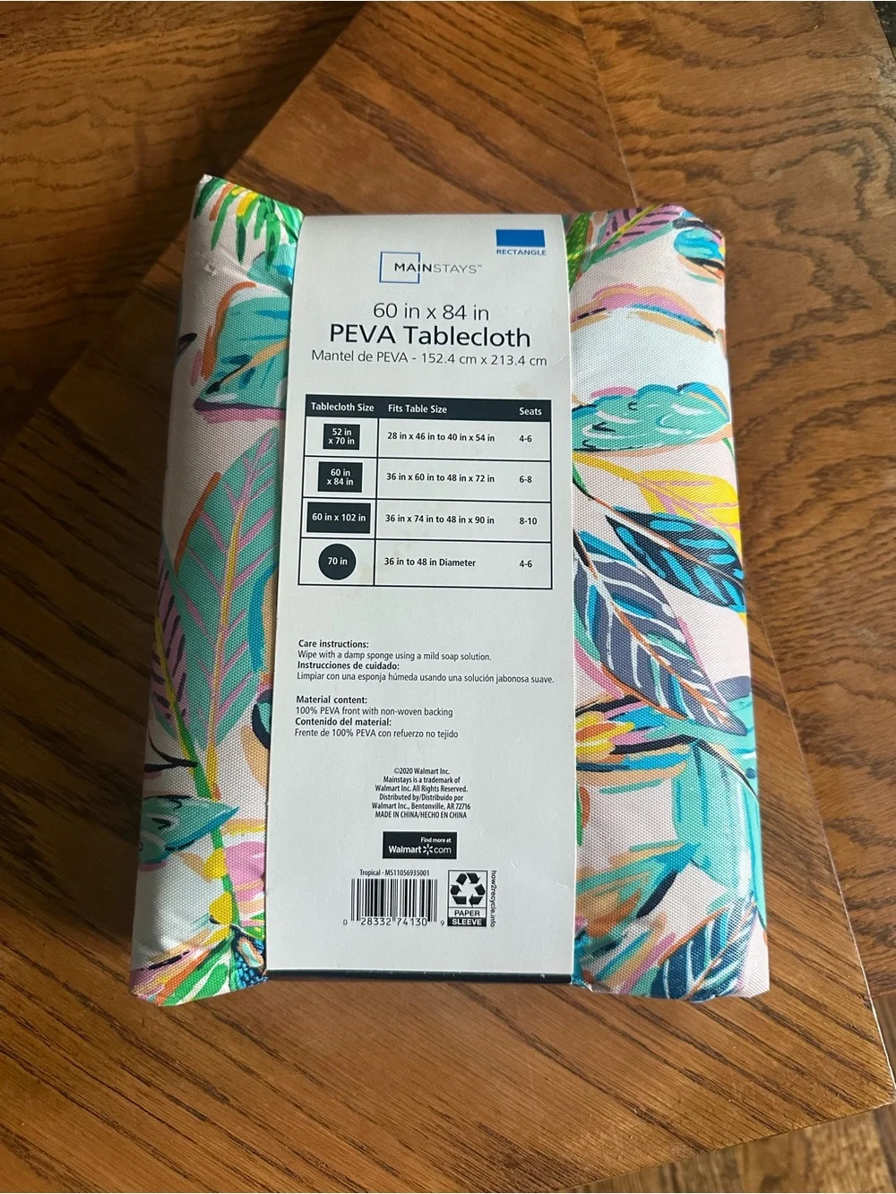 Mainstays Tropical Leaf PEVA Tablecloth in Blue, Green, Yellow, Pink & Cream
